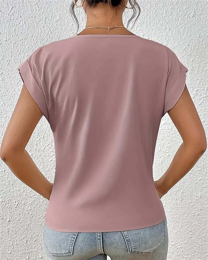 V-Neck Solid Color Elegant Short-Sleeved T-Shirt