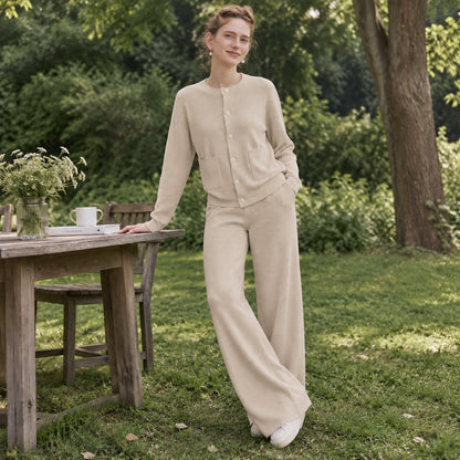 Women's Casual Knit Sweater Set Round Neck Wide Leg Pants