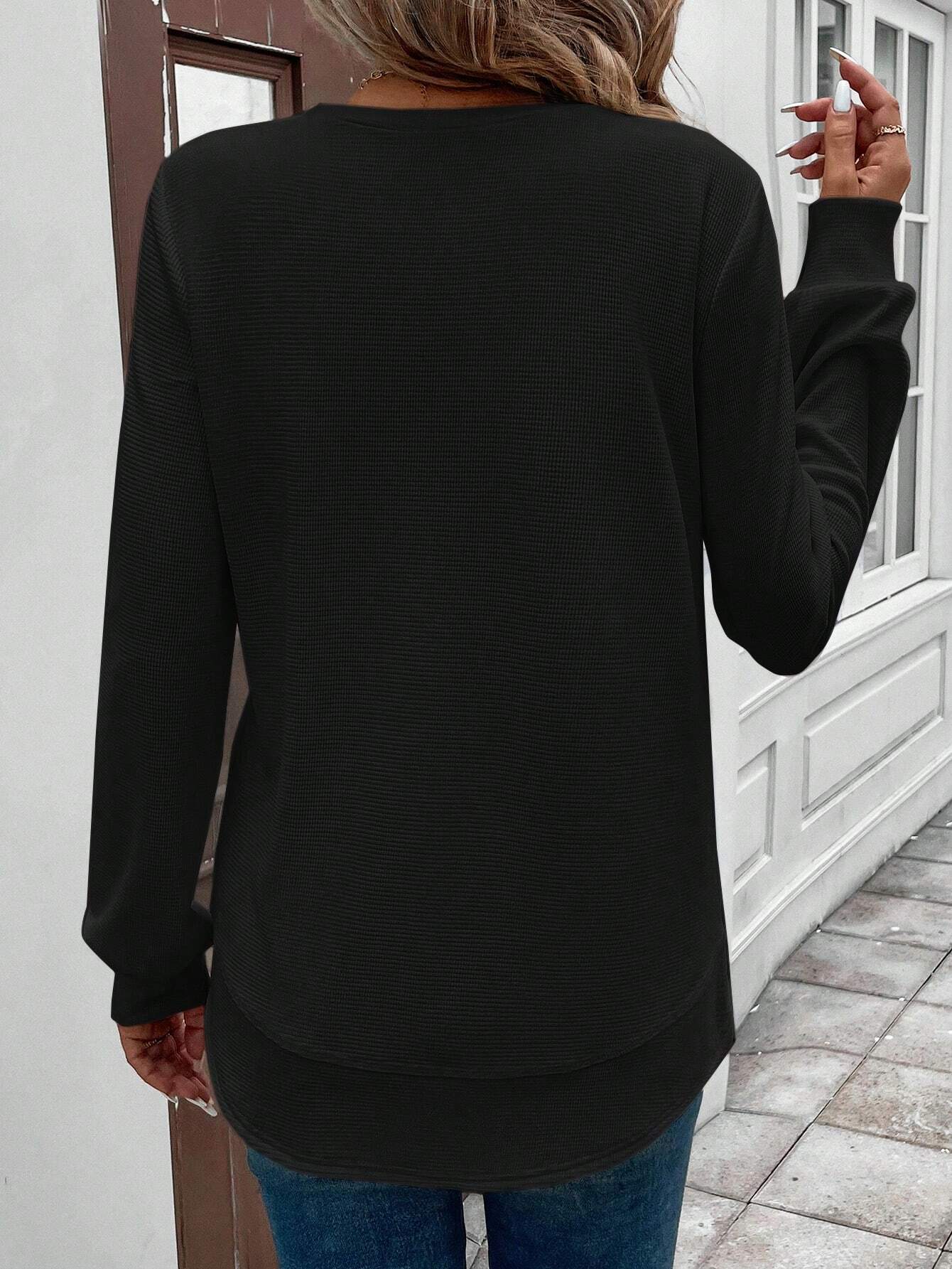 Round Neck Long Sleeve Solid Color Top