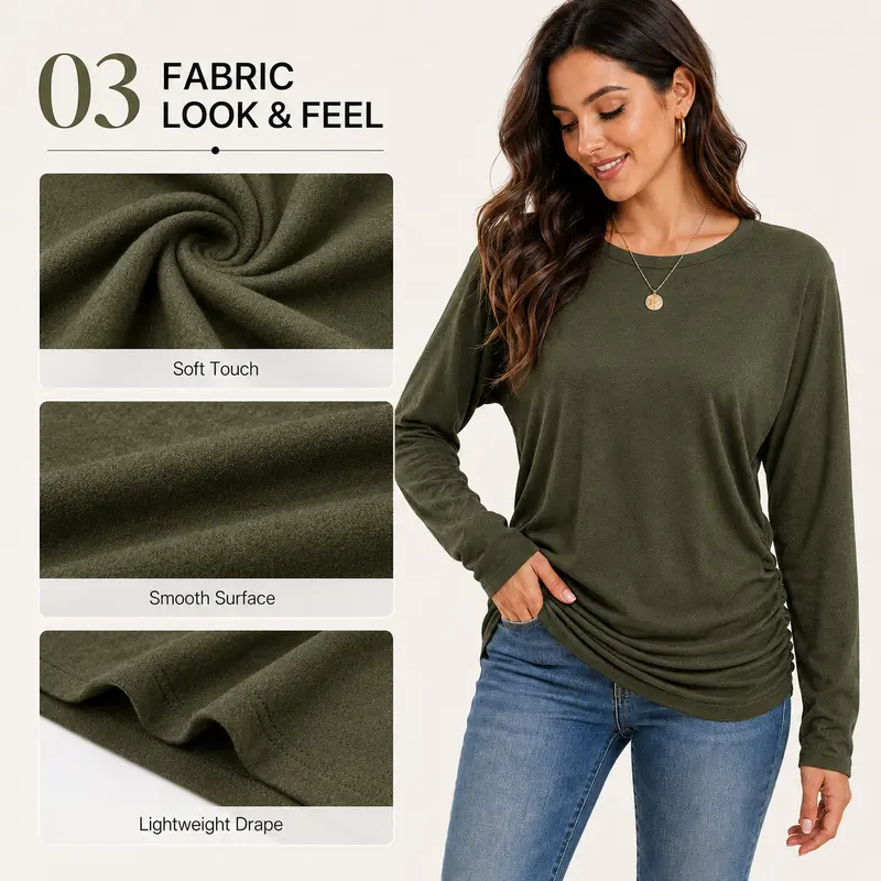 Womens Long Sleeve Shirts Ruched Hem Fall Tops