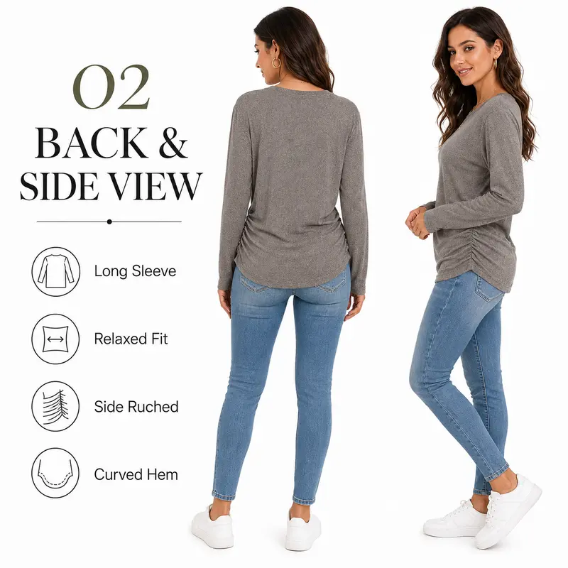 Womens Long Sleeve Shirts Ruched Hem Fall Tops