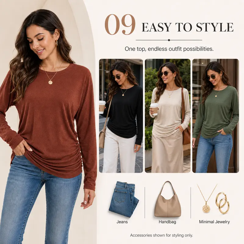 Womens Long Sleeve Shirts Ruched Hem Fall Tops
