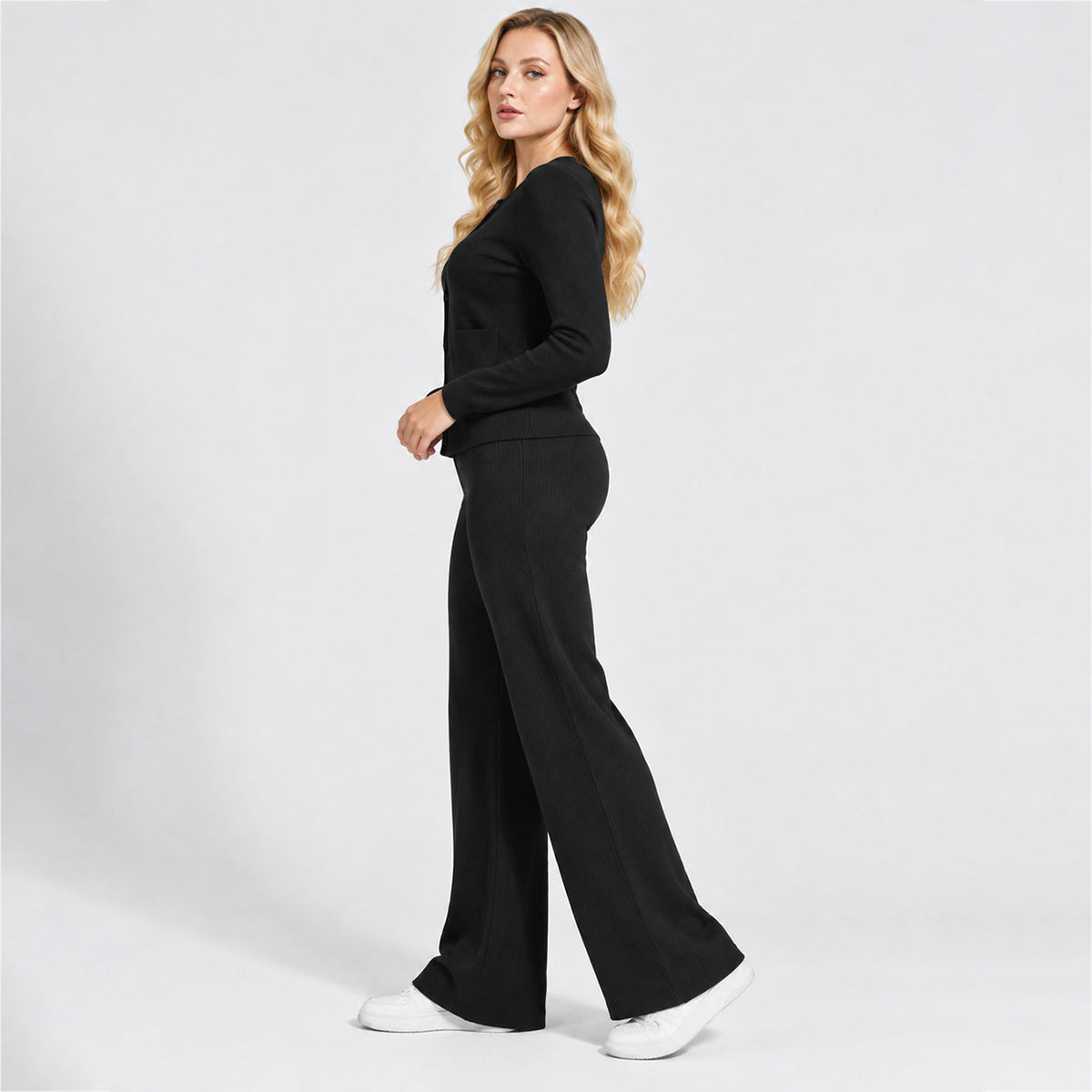 Women's Casual Knit Sweater Set Round Neck Wide Leg Pants