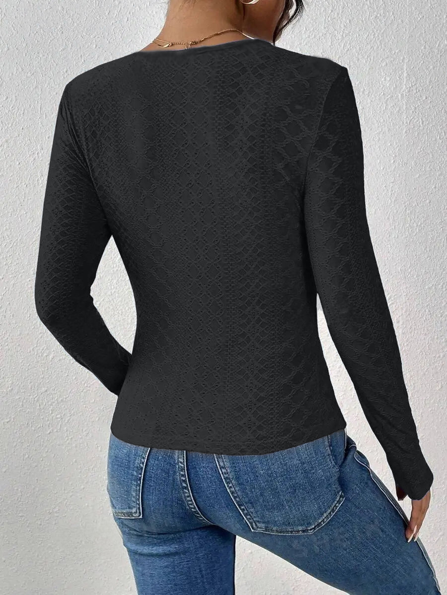 V-Neck Lace Panel Long-Sleeved Top