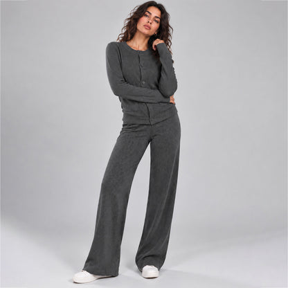 Women's Casual Knit Sweater Set Round Neck Wide Leg Pants
