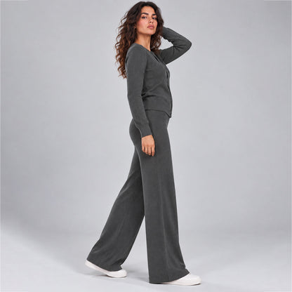 Women's Casual Knit Sweater Set Round Neck Wide Leg Pants