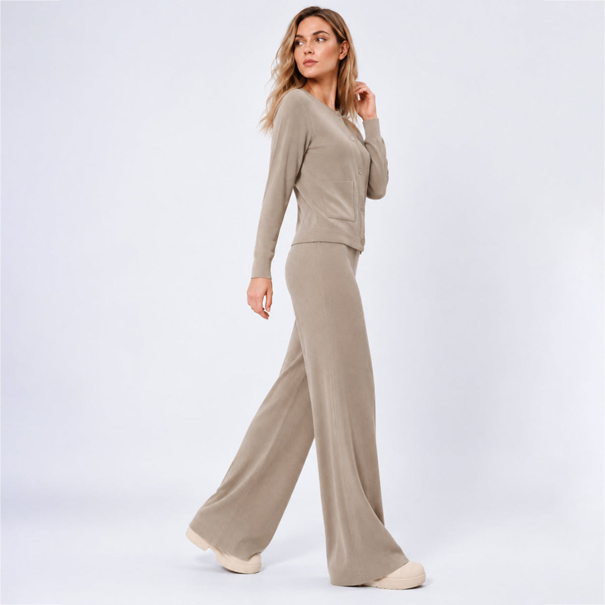 Women's Casual Knit Sweater Set Round Neck Wide Leg Pants