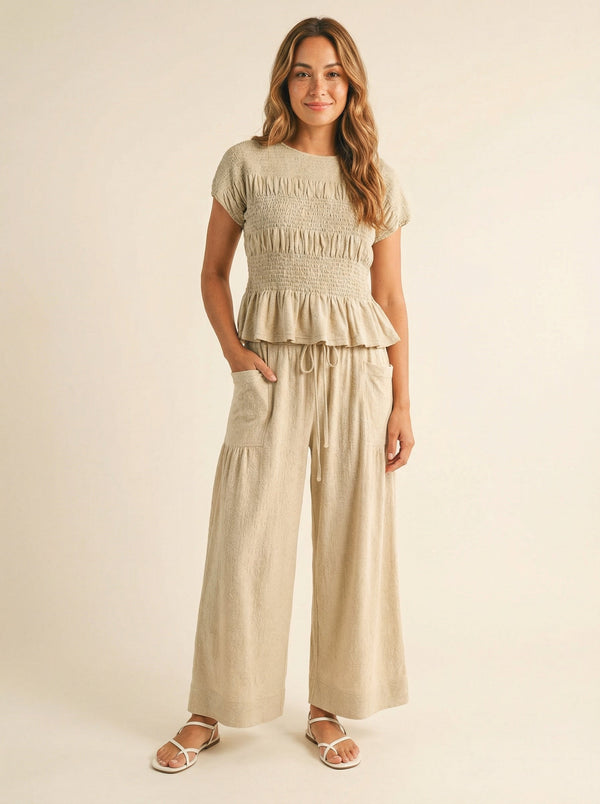 Women's 2 Piece Boho Set Smocked Top Wide Leg Pants