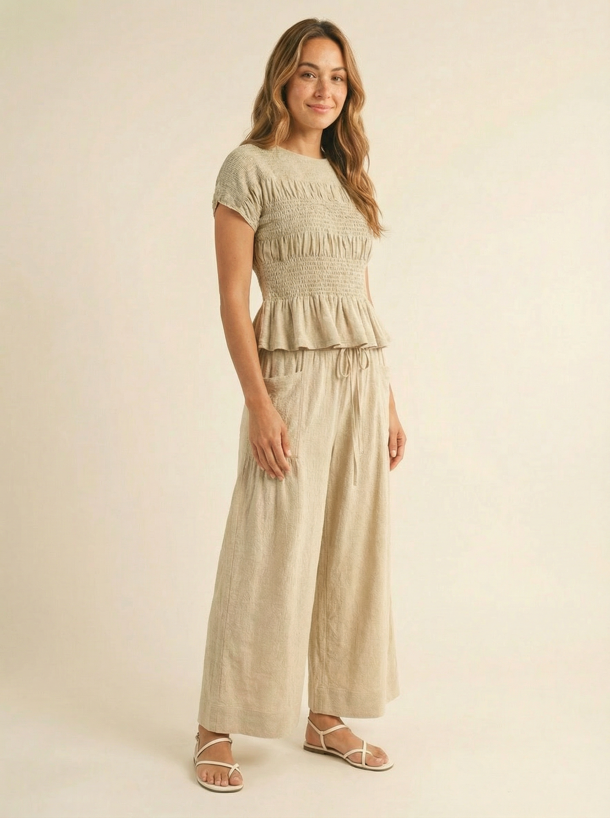 Women's 2 Piece Boho Set Smocked Top Wide Leg Pants