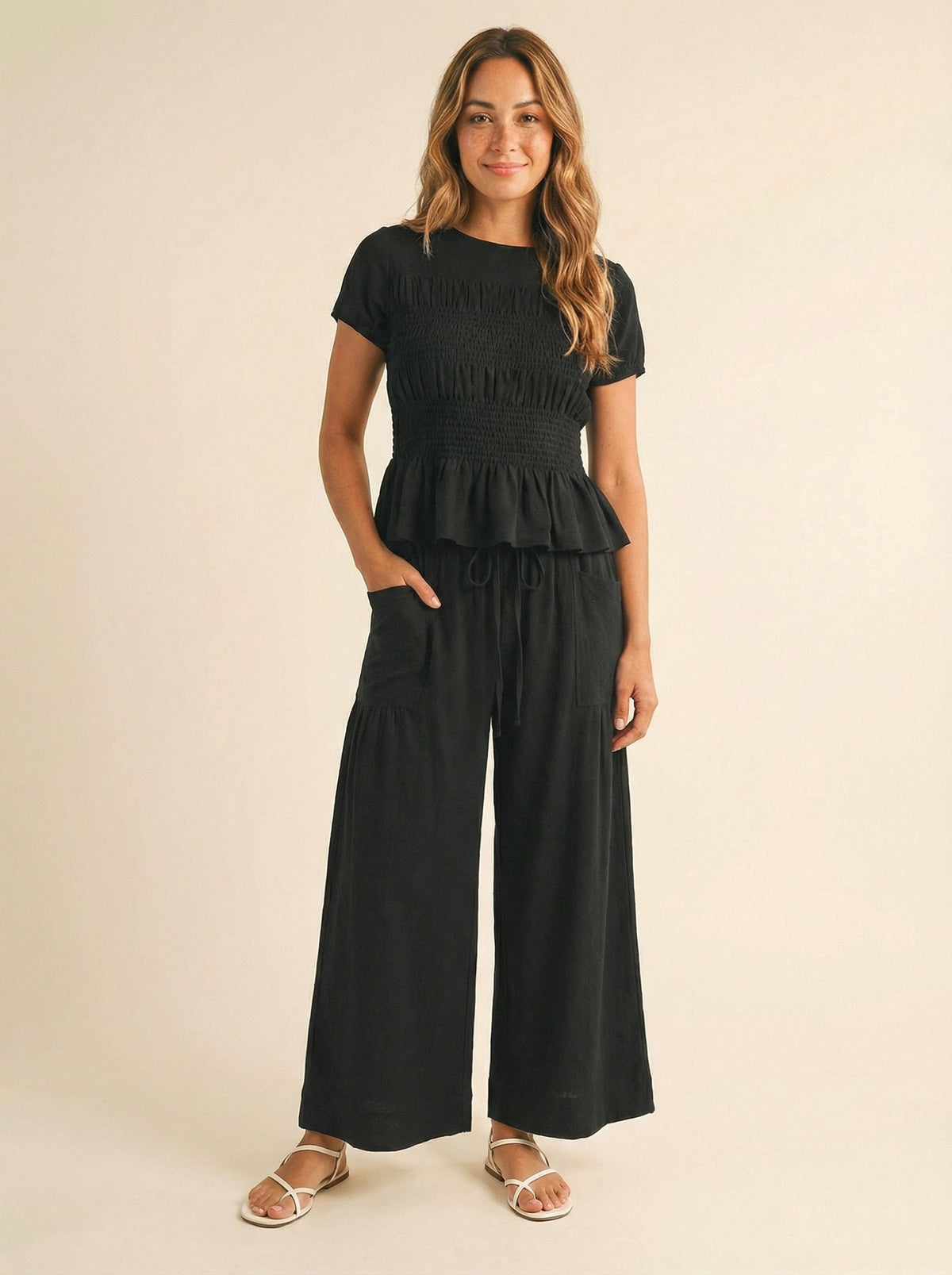 Women's 2 Piece Boho Set Smocked Top Wide Leg Pants