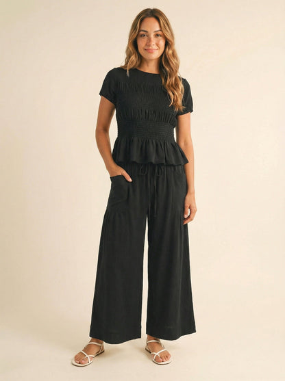 Women's 2 Piece Boho Set Smocked Top Wide Leg Pants