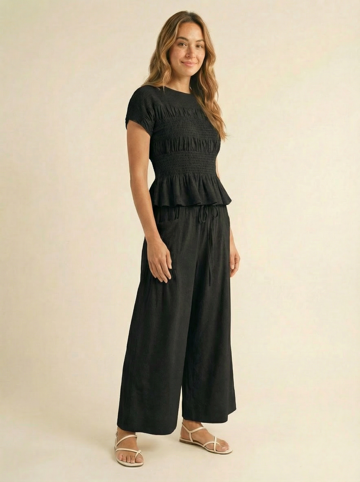 Women's 2 Piece Boho Set Smocked Top Wide Leg Pants