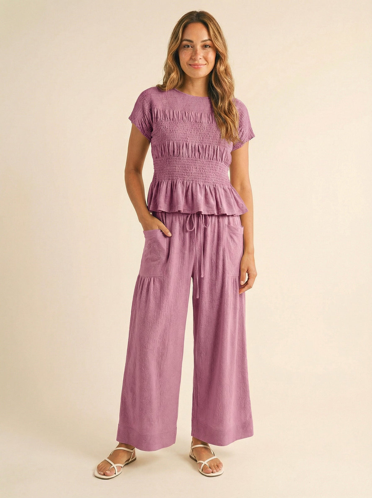 Women's 2 Piece Boho Set Smocked Top Wide Leg Pants