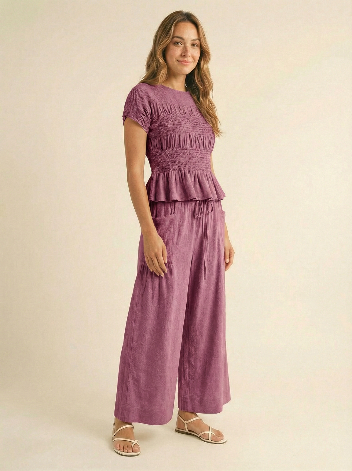 Women's 2 Piece Boho Set Smocked Top Wide Leg Pants