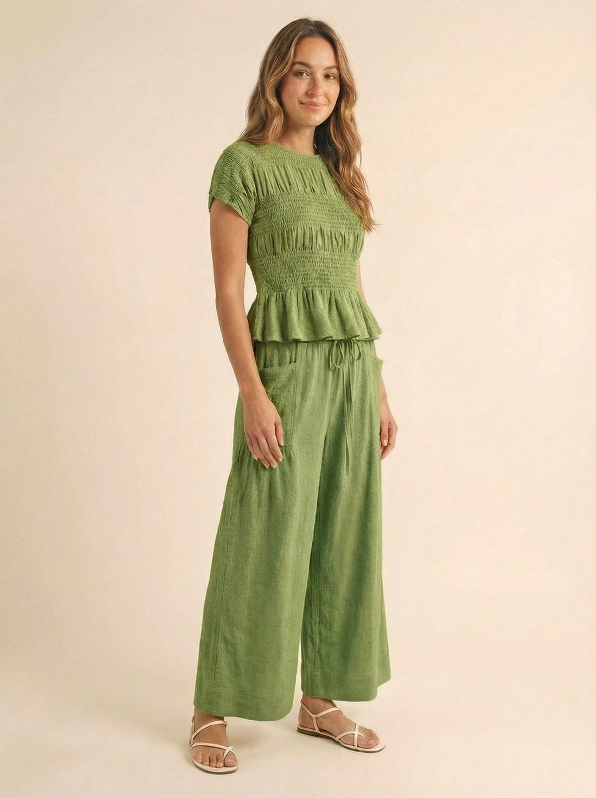 Women's 2 Piece Boho Set Smocked Top Wide Leg Pants