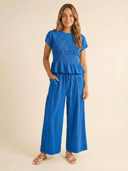 Women's 2 Piece Boho Set Smocked Top Wide Leg Pants