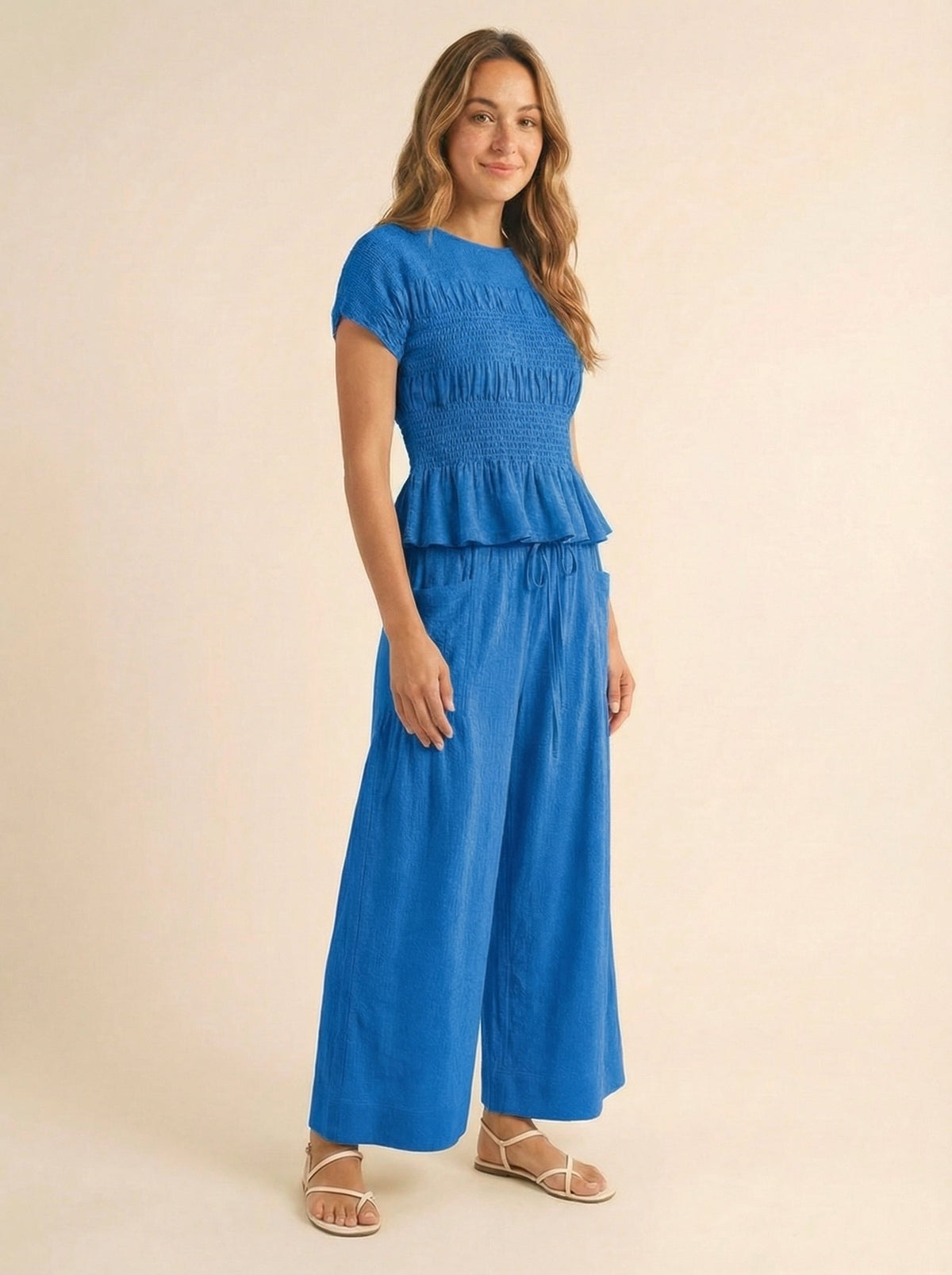 Women's 2 Piece Boho Set Smocked Top Wide Leg Pants
