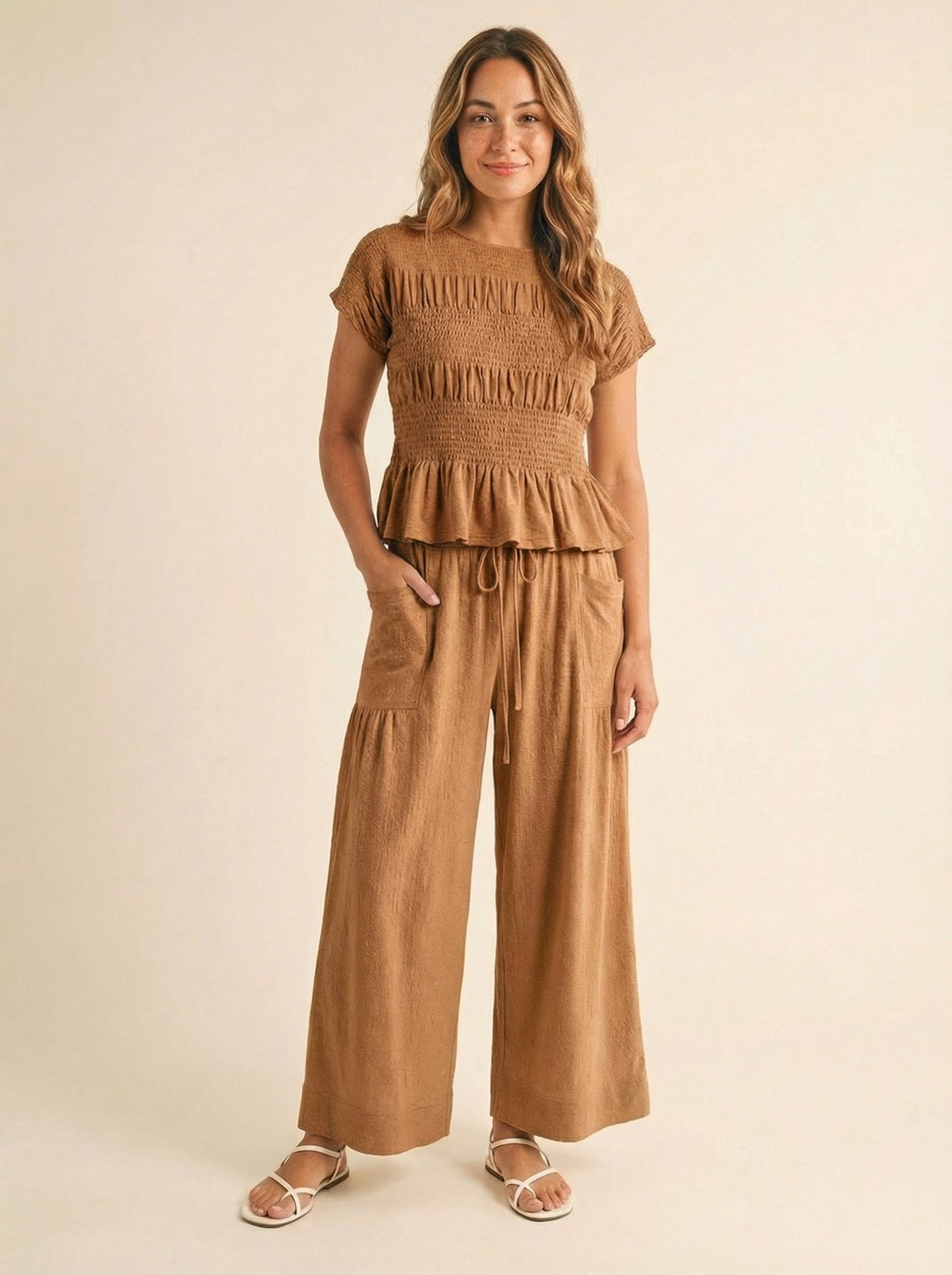 Women's 2 Piece Boho Set Smocked Top Wide Leg Pants