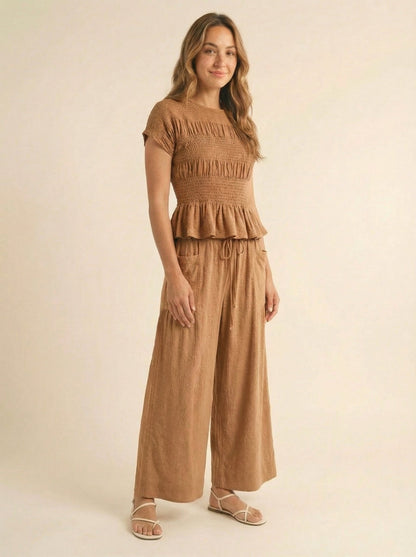 Women's 2 Piece Boho Set Smocked Top Wide Leg Pants